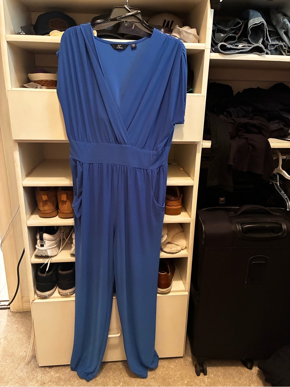 Nina Leonard Sapphire Blue V-Neck Short-Sleeve Jumpsuit